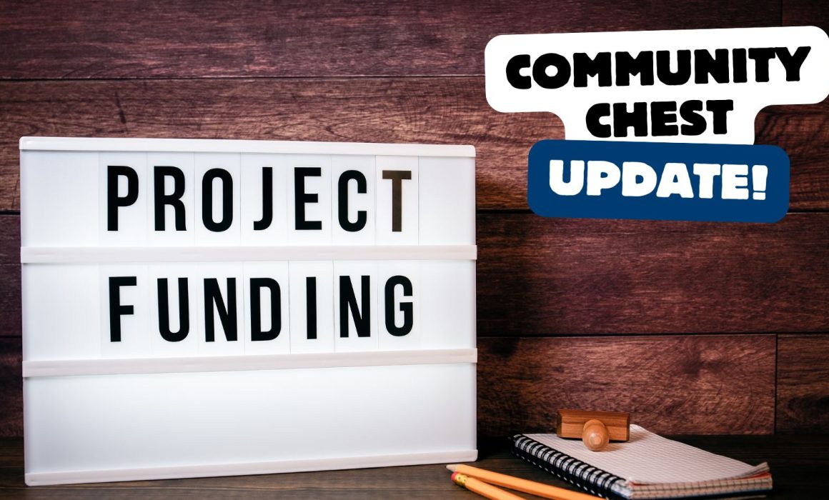 A sign on a desk reads 'Project Funding'. Overlaid text reads 'Community Chest Update'.